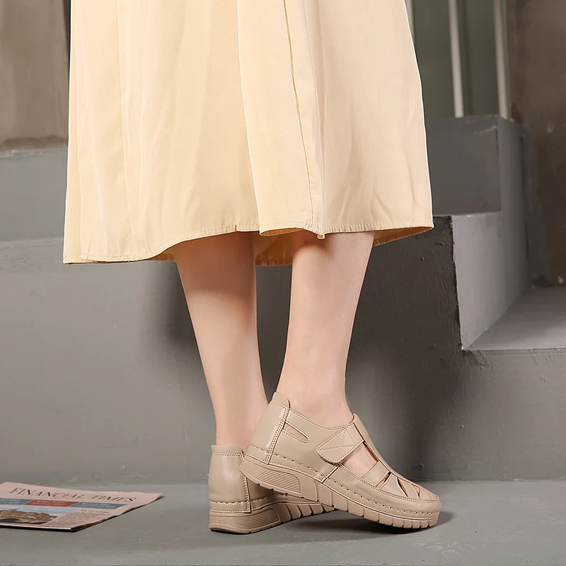 

2021 Women's Summer Shoes Fashion Sewing Thread Hollow Out Women Sandals Leather Ladies Shoes Velcro Sandalias Mujer Big Size 42