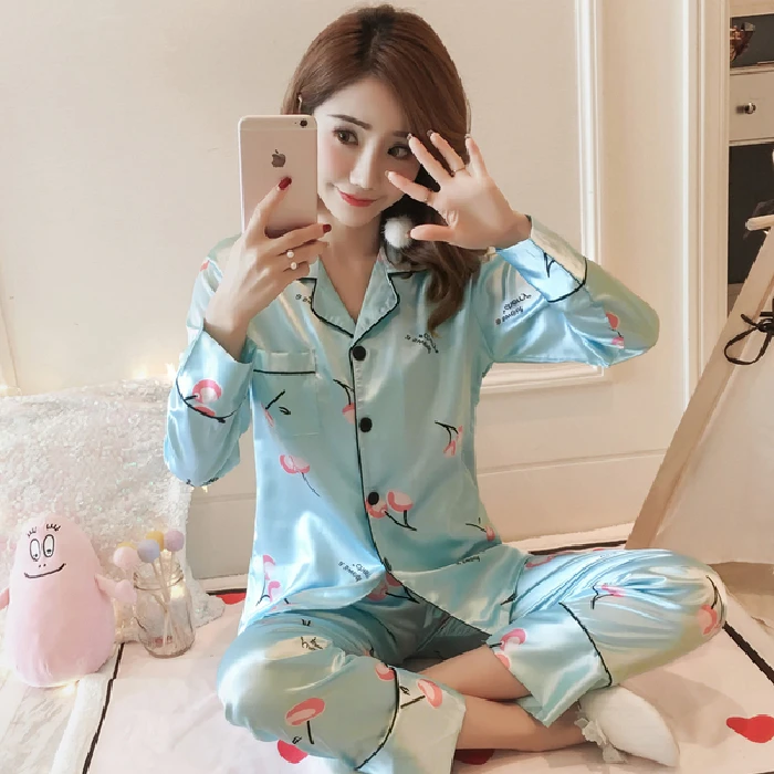 Шелковый Пижамный костюм с длинным рукавом Женская Осенняя атласная пижама
