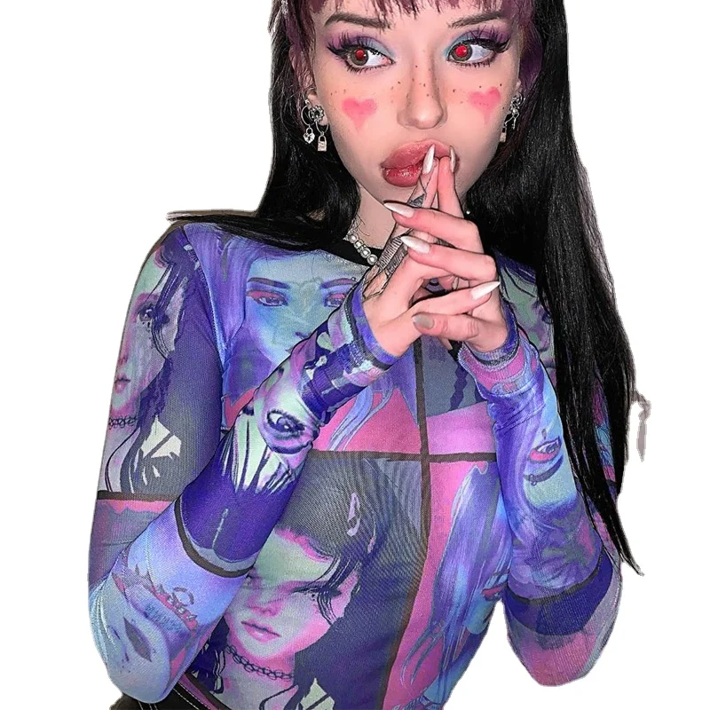 

Sexy Women Printed T-Shirt Net Yarn O- Neck Long Sleeve Thin Tops Female Skinny Harajuku Fashion Club Streetwear T-Shirts New