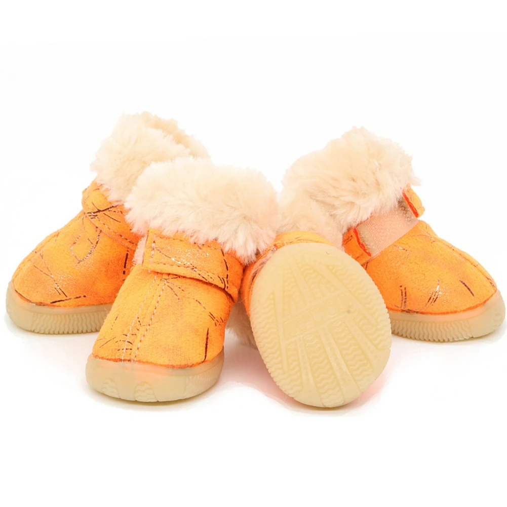 

4pcs Warm Dog Shoes Winter Windproof Puppy Paw Protectors Snow Boots Anti-Slip Sole Thicken Plush Boots For Small Medium Dogs