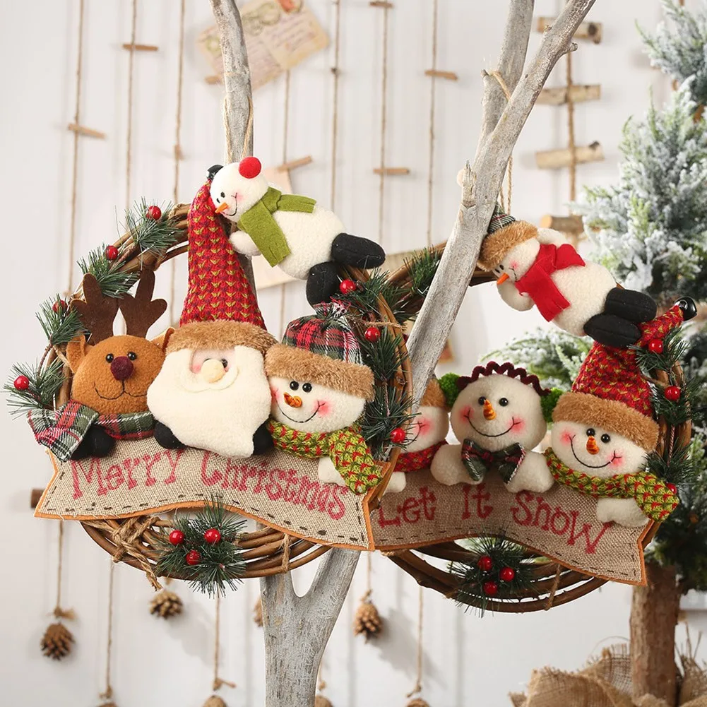 

Christmas Ornaments Xmas Wreath Rattan Ring Artificial Santa Snowman Garland For Home Christmas Decor Front Door Floral Wreaths