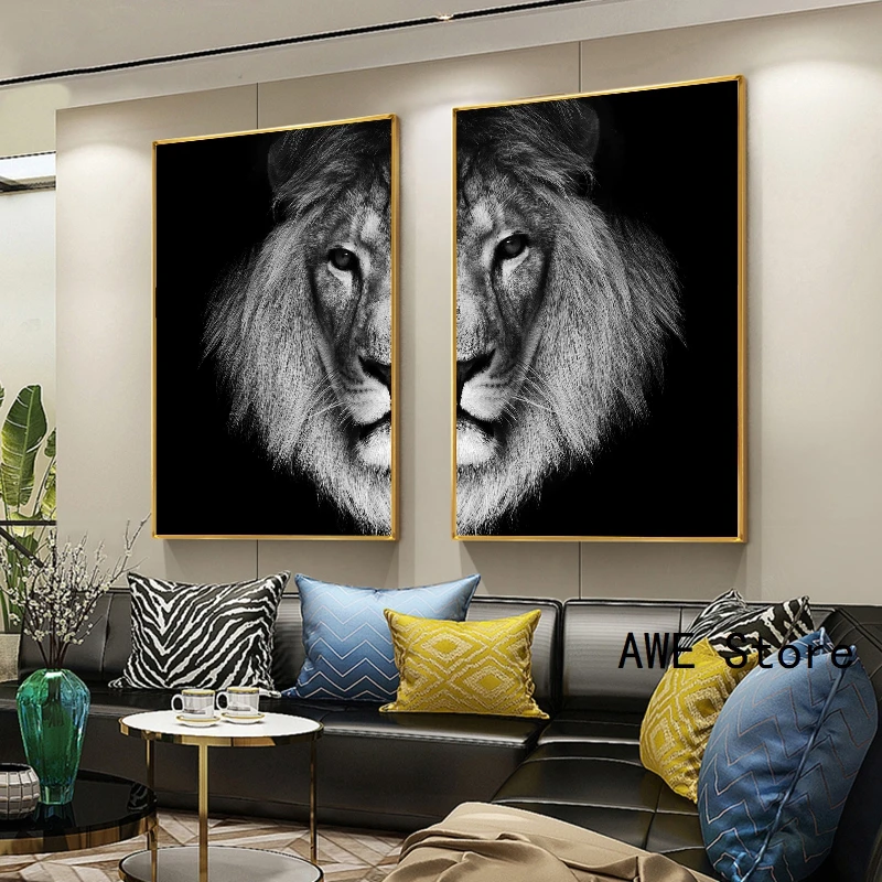 Черный и белый голова льва холст художественные плакаты принты Животные Nordic Арт