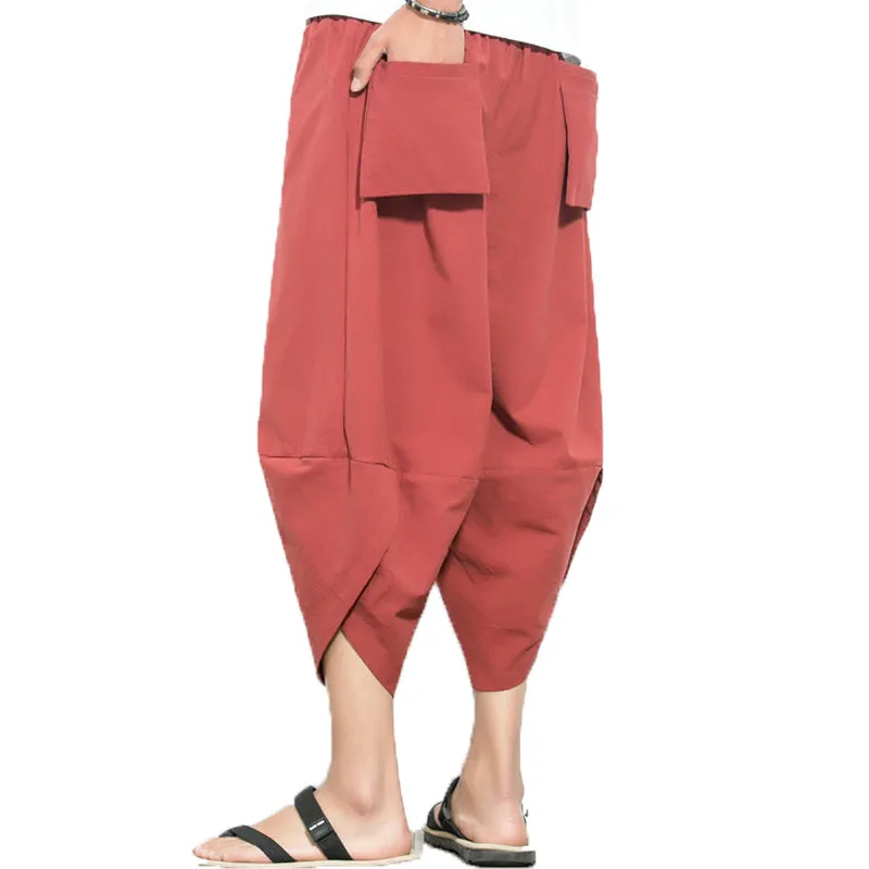 Мужские брюки шаровары из хлопка и льна длиной до икры с широкими штанинами в