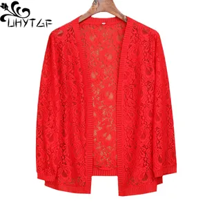 UHYTGF модная шаль, летняя куртка, Женский вязаный кардиган, повседневный тонкий размера плюс топ с V-образным вырезом, элегантное короткое пальто, 7XL, 1163