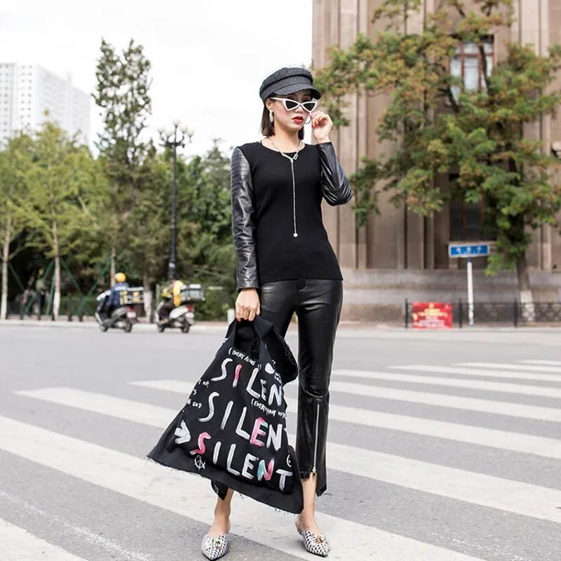 Женский облегающий эластичный пуловер свитер из натуральной овечьей кожи с