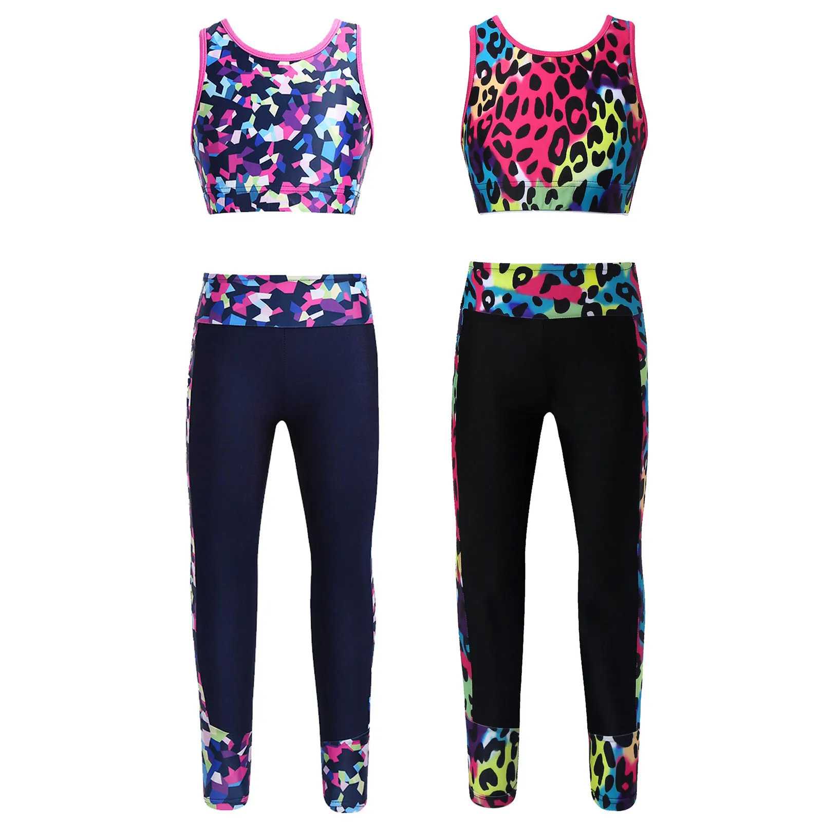 

Kids Girls Clothes Digital Print Sleeveless Mesh Racer Back Tank Crop Top Legging Teen Gymnastics Dancewear Workout Sport Outfit