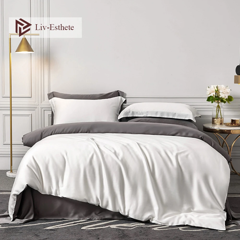 

Liv-Esthete White Gray 100% Silk Beauty Bedding Set 25 Momme Queen King Duvet Cover Bed Sheet Fitted Sheet Pillowcace For Sleep