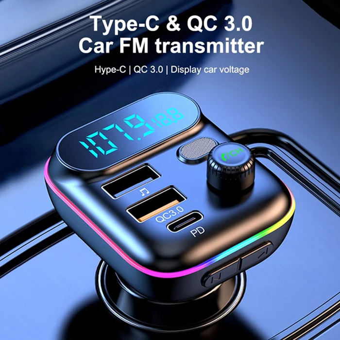 

Car Bluetooth MP3 Player 5.0 FM Transmitter PD 20W Type-C QC3.0 Dual USB Charger 7-colorful Atmosphere Light Lossless Music Tool