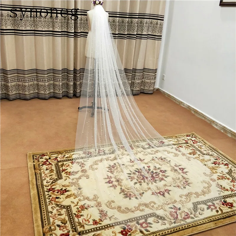 New Arrival Hot Sale White/Ivory Bridal Veil With Comb One Layer Cathedral Royal Pearl Wedding Veu de