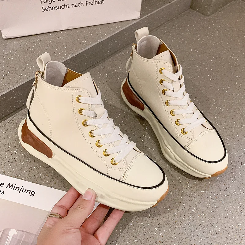

Women High-top Platform Sports Shoes Autumn 2021 Fashion Ladies Thick Bottom Lace Up Sneakers Woman Black Leather Casual Shoes