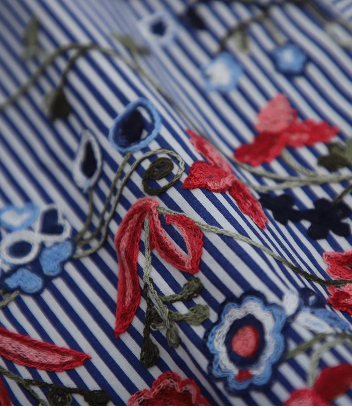 

women's spring autumn fashion three quarter sleeve casual loose striped cotton shirt lady's embroidery cardigens blouse TB3969