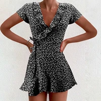 summer chiffon women%e2%80%99s dress short sleeve polka dot floral print boho beach dress ruffle v neck a line mini dress with bandage