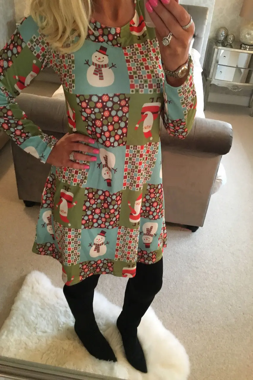 

New Womens Christmas Jumper Dress Santa Snowman Long Sleeves Ladies Mini Dress
