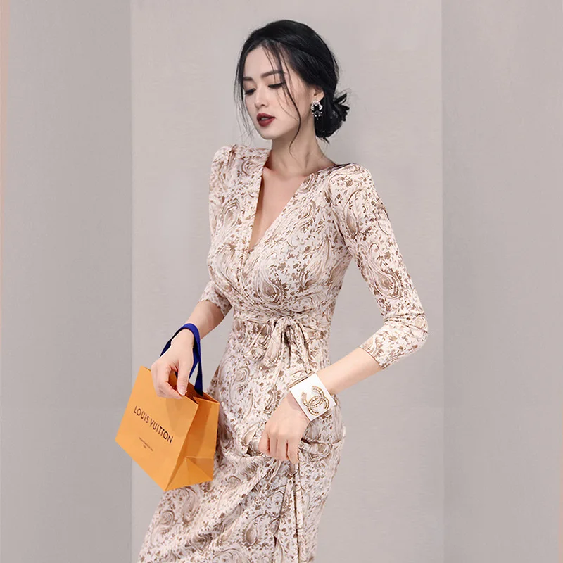 

Spring Dress Elegant Vintage Print Women Dresses Long Bodycon Bandage Mini Aline Sundress Autumn Slim Party Sexy Korean Clothes