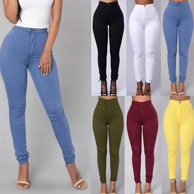 Thin High Waist Stretch Women Pencil Pants Tight Candy-colored Jeans Full Length Skinny White Black Blue Yellow Solid Color Jean | Женская