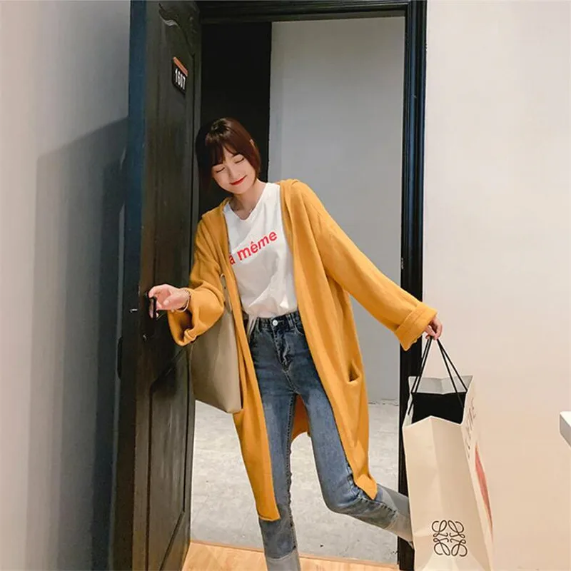 2019 женский свитер с капюшоном осенний и зимний однотонный вязаный кардиган