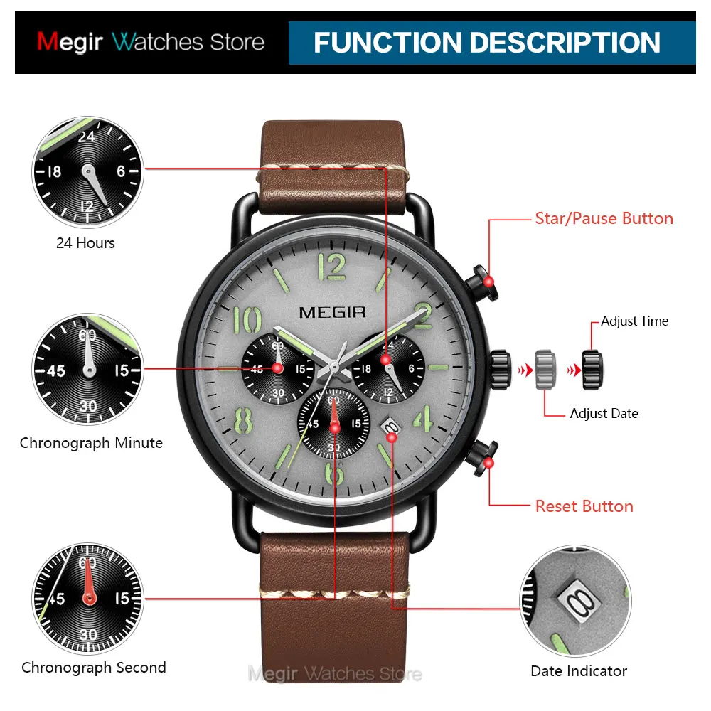 

MEGIR 2020 Luxury Chronograph Quartz Watches for Men Fashion Casual Sports Leather Watch Man Waterproof Luminous Wristwatch 2158