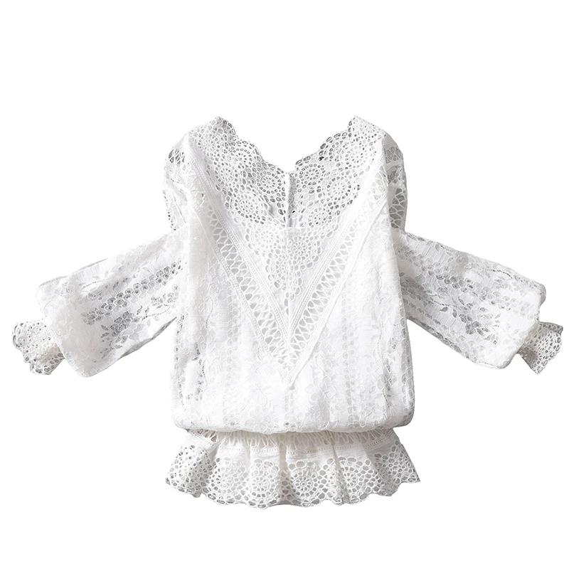 

2020 summer new lace hollow out women blouse v-neck lantern sleeved v-neck ruffles office lady elegant pulls outwear coat tops