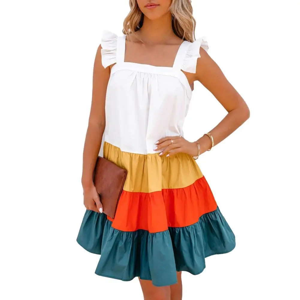 

2021 Summer Fashion Sleeveless Women's Cake Dress Contrast Color Strap Patchwork Ruffle Hem A Line Loose Ladies Mini Dresses