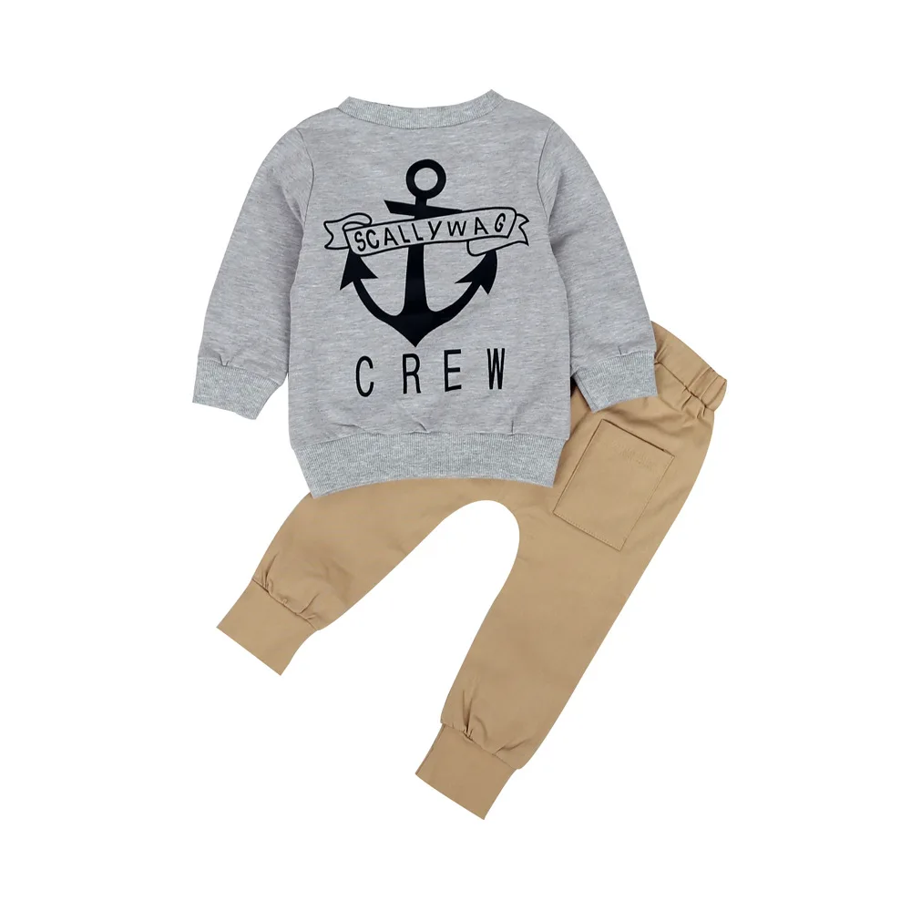 2019 Trend Style Newborn Kids Baby Clothing Sets &quotScallywag Crew&quot Grey Cotton Tops+ Khaki Pants Casual Clothes Outfits |
