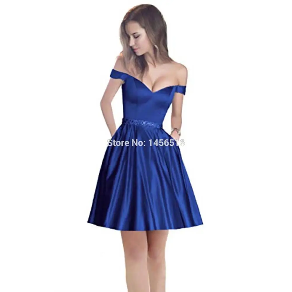 Royal blue Short Новинка года; платья с открытым плечом; длинное атласное вечернее платье трапециевидной формы с бисером; vestido de festa - Цвет: Royal blue Short