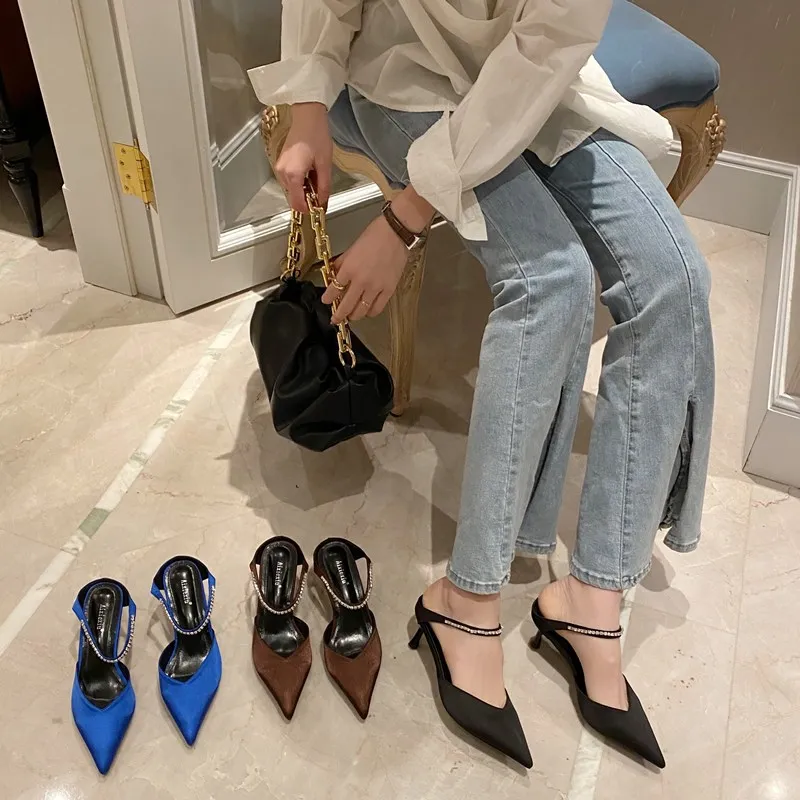 

Satin Water Drill Tip Thin Heel Heels New Shallow One-word Single Shoes