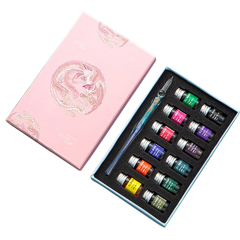 

Stationery Art Glass Dip Pen Ink Set School Writing Drawing Gift Home Artisit Sign Style Calligraphy Signature 12 Colorful Inks