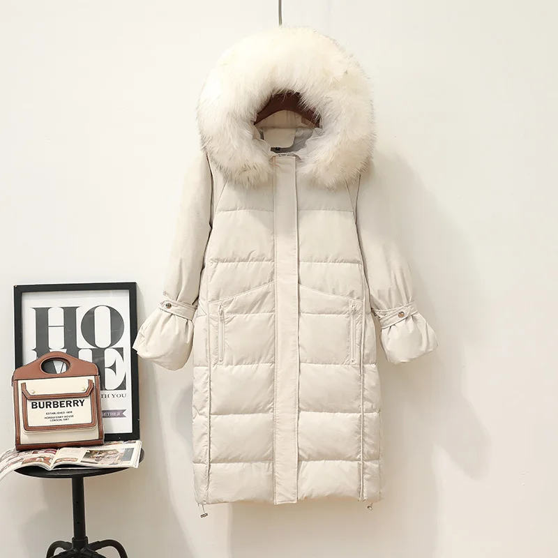 white real fur LUZUZI женский белый пуховик X-long Зимний плотный свободный большой воротник из натурального меха енота с капюшоном зимний пуховик женский - Цвет: white real fur