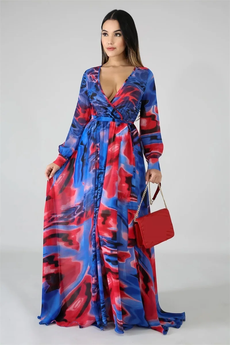 

Women sexy long sleeve v neck high waist printed wrap dress Fall 2020 maxi dresses for women Autumn christmas woman dress
