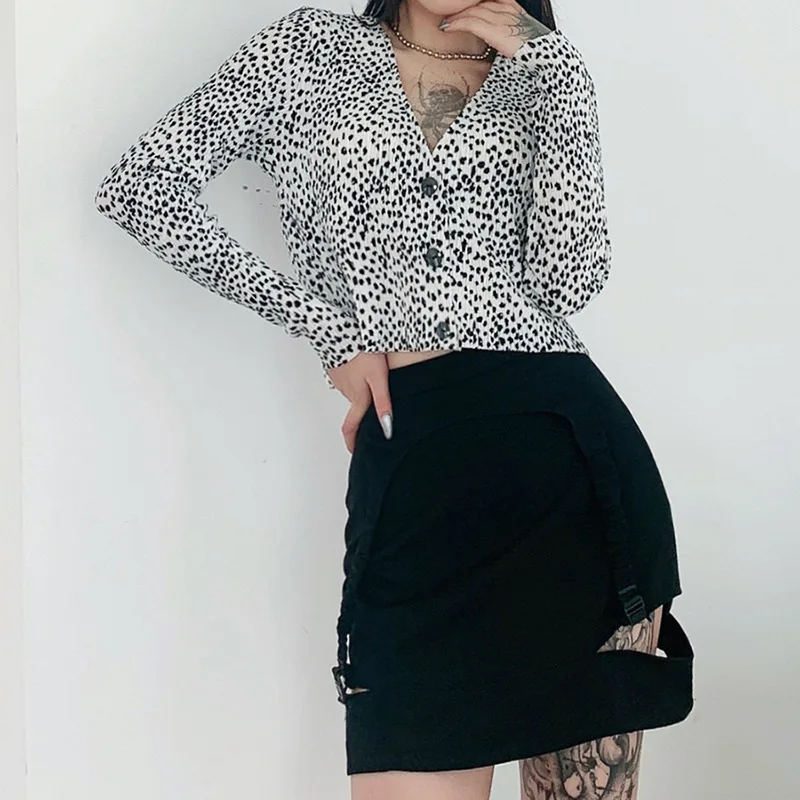 

Женская футболка с длинным рукавом, повседневный однобортный Кардиган с леопардовым принтом и V-образным вырезом, в стиле Харадзюку, осень ...