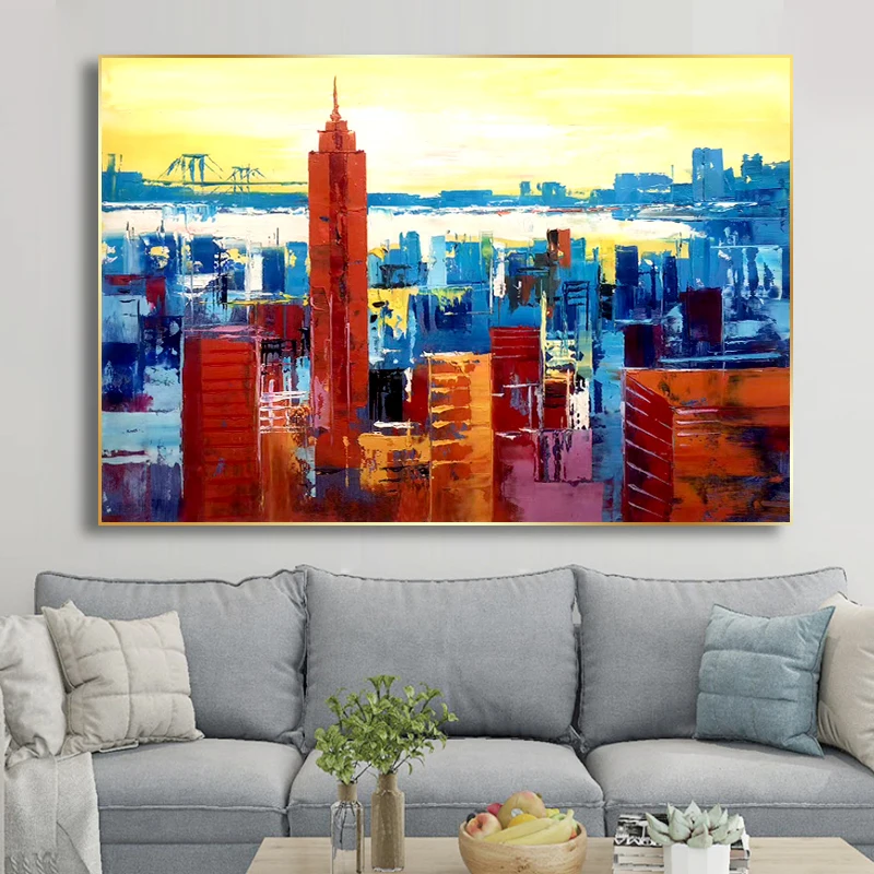 

100% Hand Painted Abstract City Buildings Painting On Canvas Wall Art Frameless Picture Decoration For Live Room Home Decor Gift