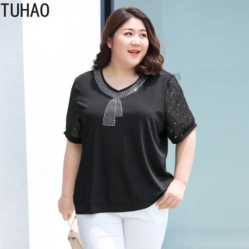 

TUHAO Elegant Office Lady Blouse Plus Size 6XL 5XL 4XL 3XL Middle-aged Women's Black Shirt Blouses Large Size Fashion Tops WM65