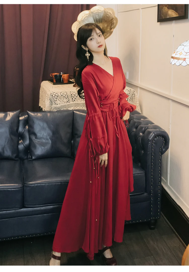 YOSIMI Maxi Chiffon Red Long Women Dress Bohemian V-neck Lantern Sleeve Full Sleeve Ankle-lenght Female Dress with Sashes