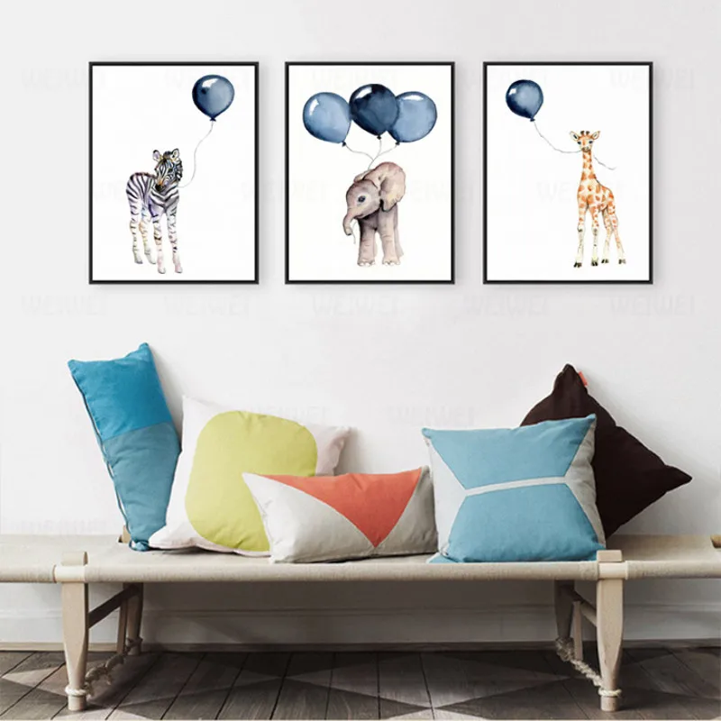 Скандинавский мультфильм дети животные холст картины детский синий шар