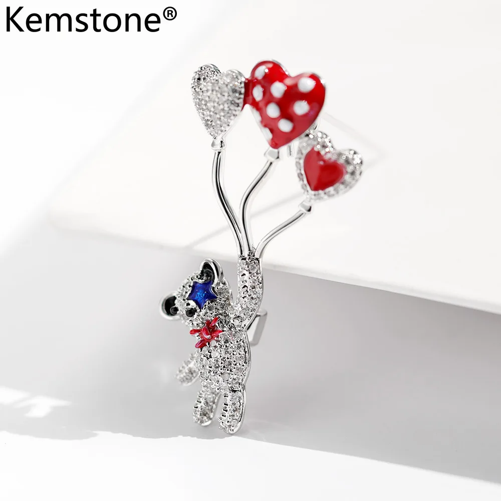 Kemstone маленький Медвежонок с фианитом Красный Серебряный цвет мультфильм брошь