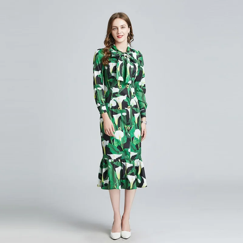 

2021 Fall Summer High Quality Fishtail Design Show Thin Double-Breasted Medium-Long Green Print Elegant Party Girl Midi Dress