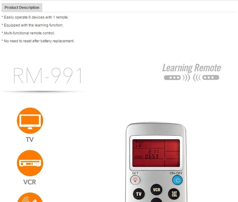 Chunghop RM-991 tv/SAT/DVD/CBL/CD/AC/VCR универсальный пульт дистанционного управления обучения для 6 сетей в 1 коде