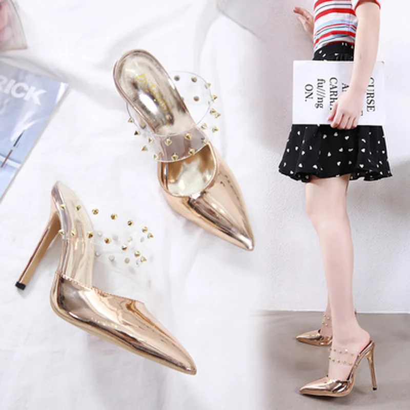 

Женские шлепанцы с заостренным носком, летние сандалии на тонком высоком каблуке, с заклепками, 2021