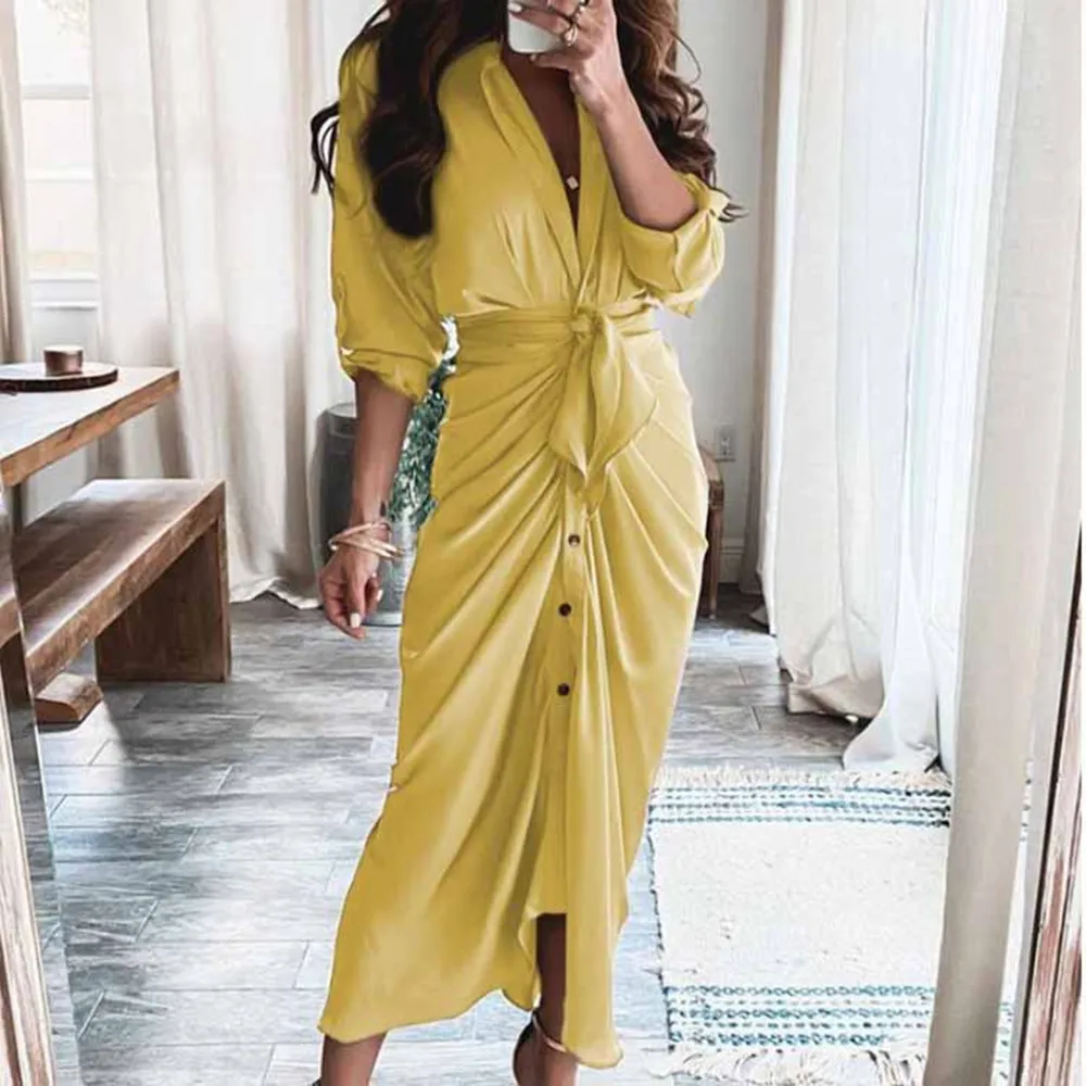 

Pure Color Maxi Dresses For Women 2021 Autumn New Sexy Vintage Print Folds Long-Sleeved Irregular Lace-Up Dress Femme Vestidos