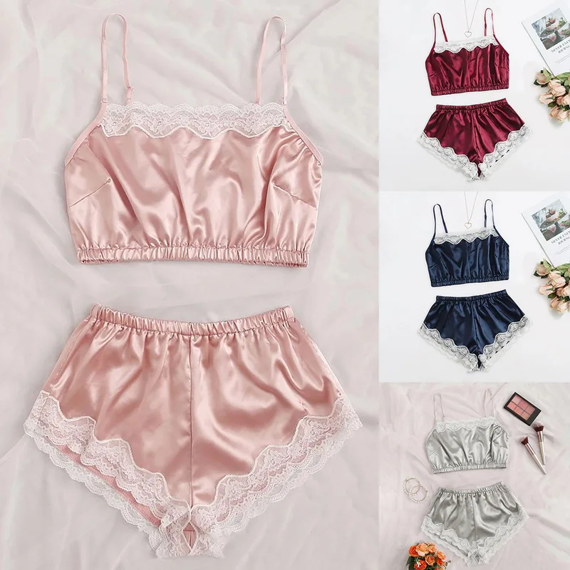 

Satin Camisoles Pajamas Women Nightwear Female Pyjamas Sleepwear Sleeveless Strap Lace Trim Satin Cami Top Pajama Sets