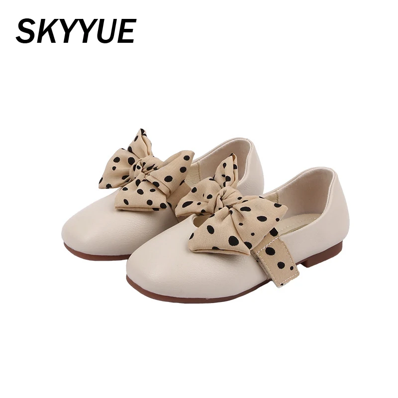 Весенние детские туфли принцессы Кожаные на плоской подошве с бантом для