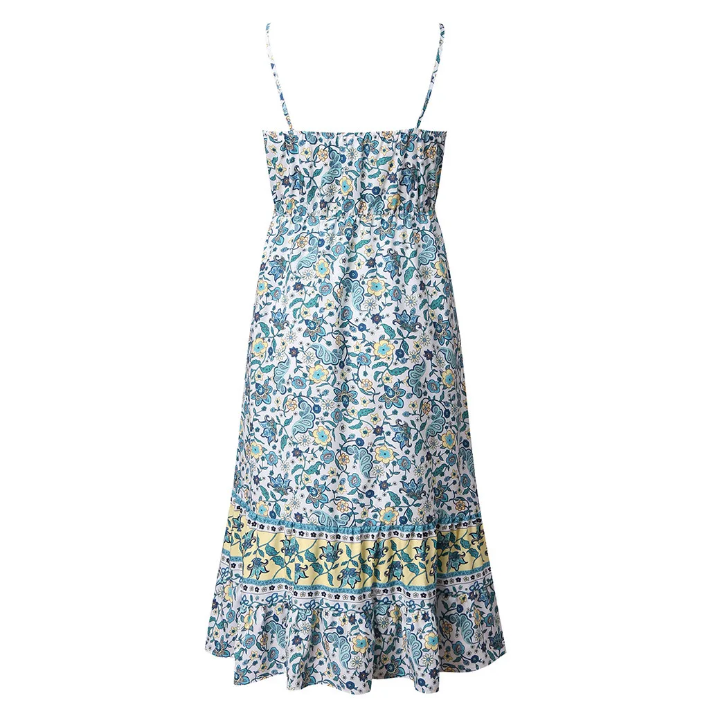 

Women's Bohemian Floral V-neck Sleeveless Sling Dress Summer Women's Band High Waist Drape And Calf Summer Beach Dress