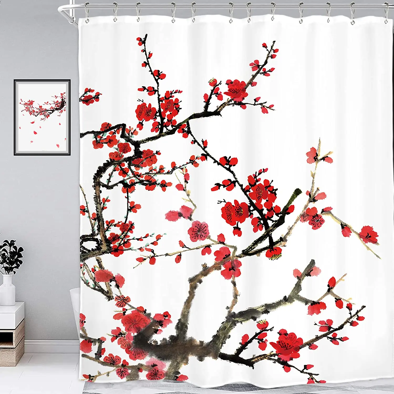 japanese cherry blossom bathroom shower curtains anime spring plum red pink floral sakura ink painting flowers bath curtain set free global shipping