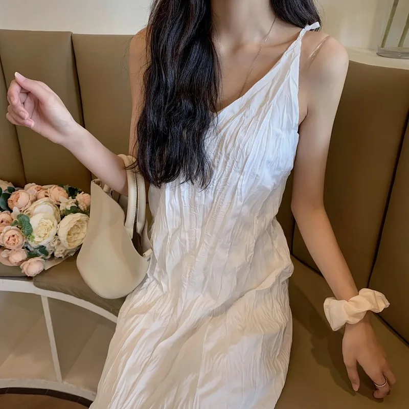 

Women Sleeveless Dresses Pleated Solid Suspender Dress All-match Casual Slim V-neck Stylish Students Bottoming-dress Streetwear