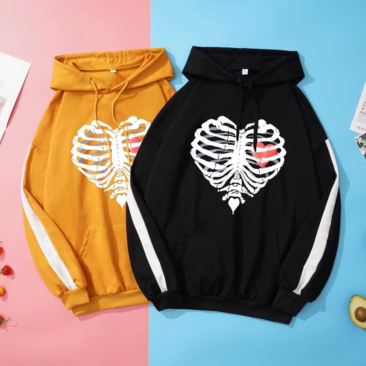 

Novelty Goth Skull Heart-shaped Red Heart Graphic Print Spliced Sweatshirt Casual Fashion Couples Hoodies Spring Fall Women Tops