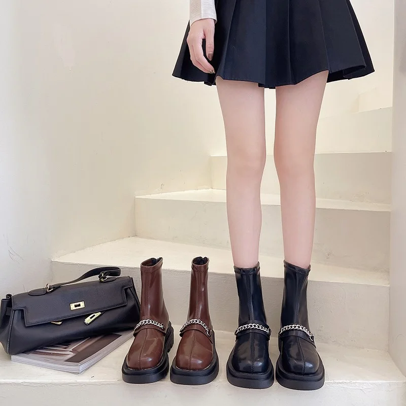 

Brand Women's Shoes Round Toe White Ankle Boots Flat Heel Boots-Women Fashion Low Autumn 2021 Black Ladies Rock Basic Cotton Fa