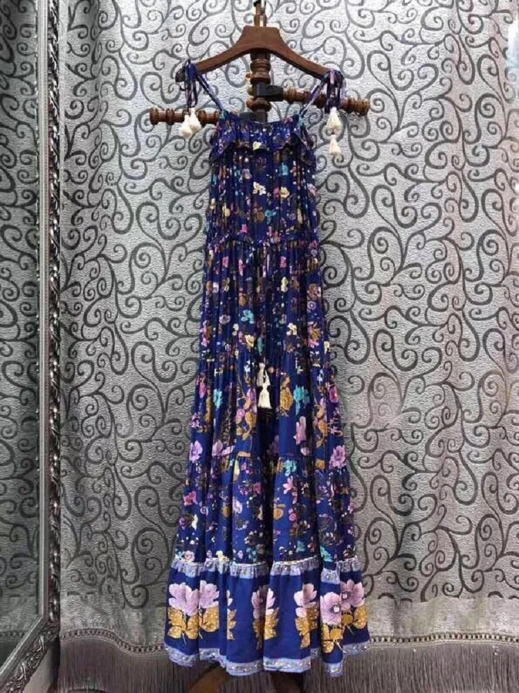 

Beach Long 2020 Spring Summer Fashion Ladies Spaghetti Strap Bohemian Prints Drawstring Waist Sexy Blue Yellow Maxi Dress