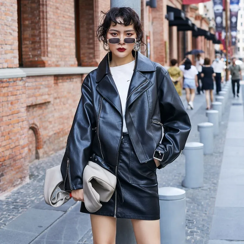 

Autumn New Women Fashion Short Loose Fit Pu Leather Jacket Boyfriend Style Motorcycle Windbreaker Coats Punk Casual Outerwear
