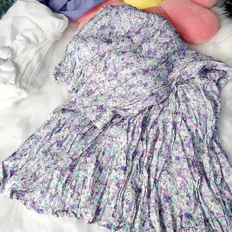 

Floral Chiffon Skirt 2021 new high waist slim A-line swing skirt versatile pleated small skirt