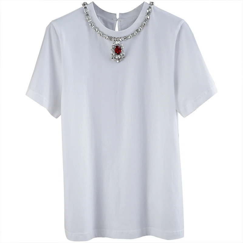 

Cacah Up summernewwomen'sclothingdiamond short-sleeved T-shirt, high-quality round neck ruby decoration solid color blouse women